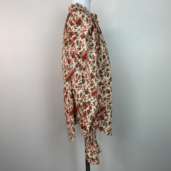 Free People Top XS Floral Orange Green Puff Sleeve Cotton Boho Blouse Women's - Picture 9 of 15